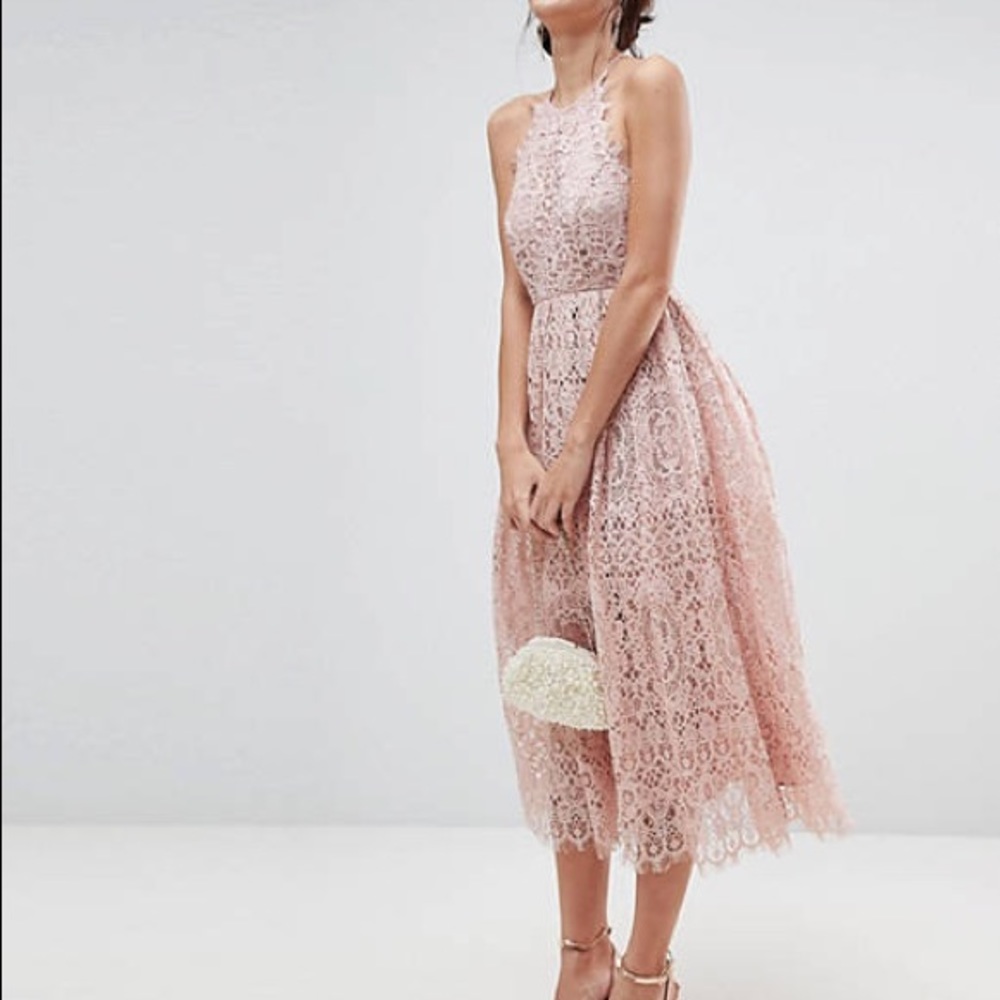 ASOS Pink Lace Pinny Scallop Edge Midi Dress Women Size 4